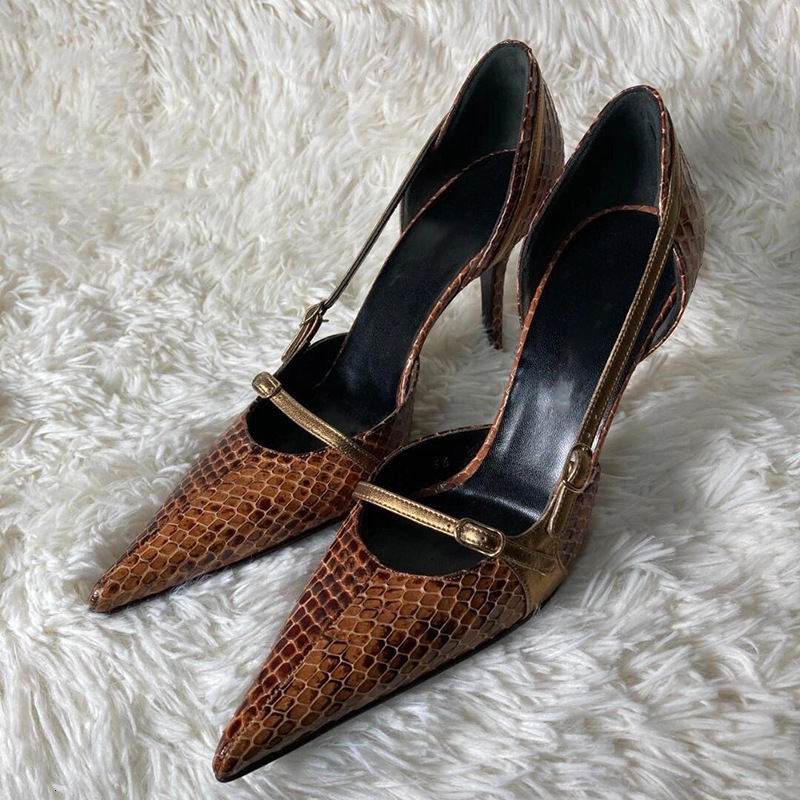 Small and niche design pointed thin heel snake skin pattern high heels for women 2024 new spicy girl belt buckle hollow sandals