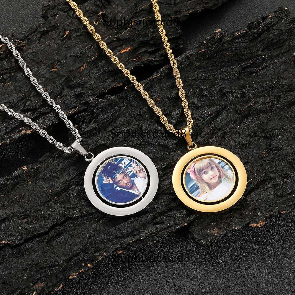 Hip Hop Photos Customize Spin Double Sided Round Stainless Steel Picture Pendant Necklace Jewelry