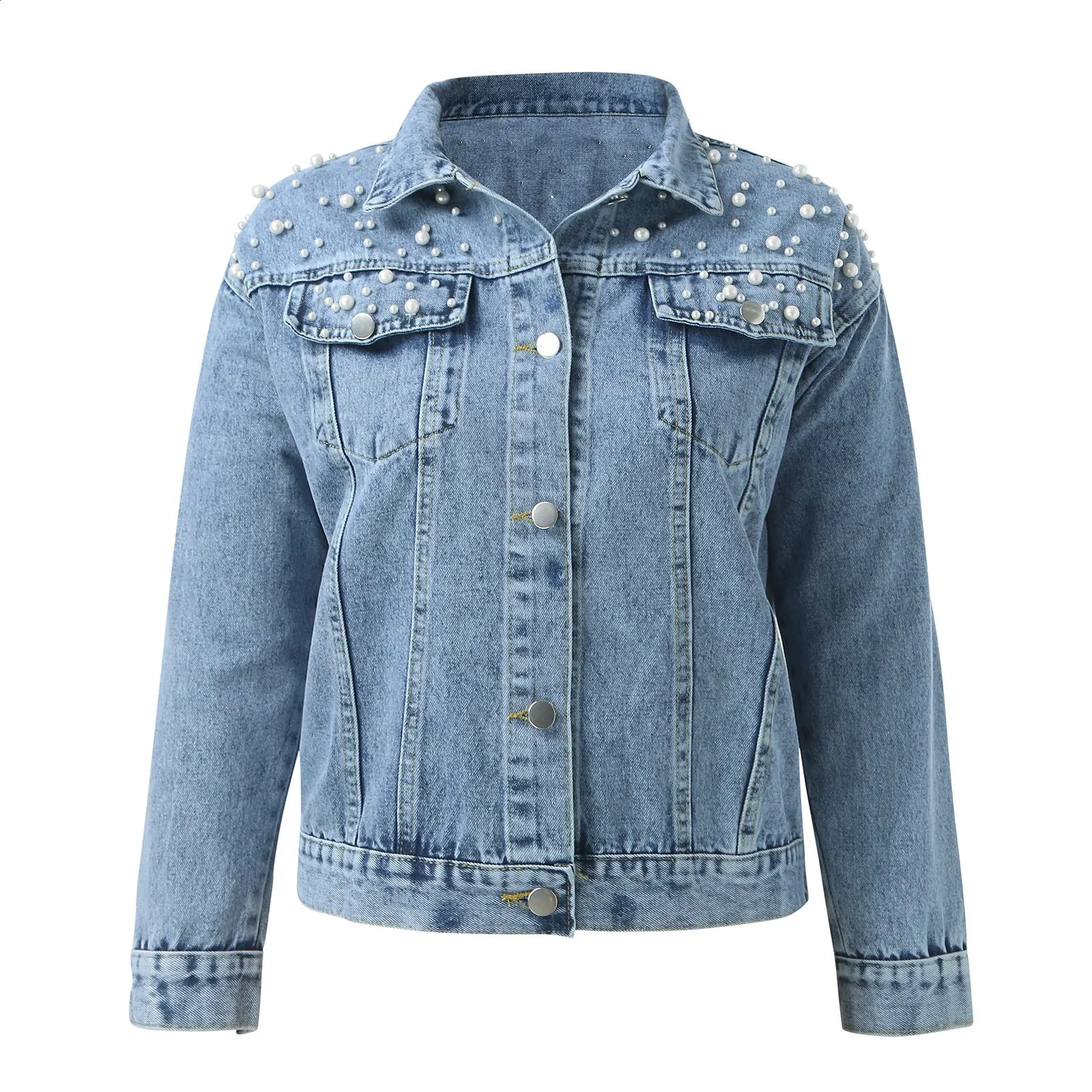 Womens Pearls Denim Jackets Autumn Beaded Casual ed Jean Coat for Women Outerwear Lapel Short Casaco 250228