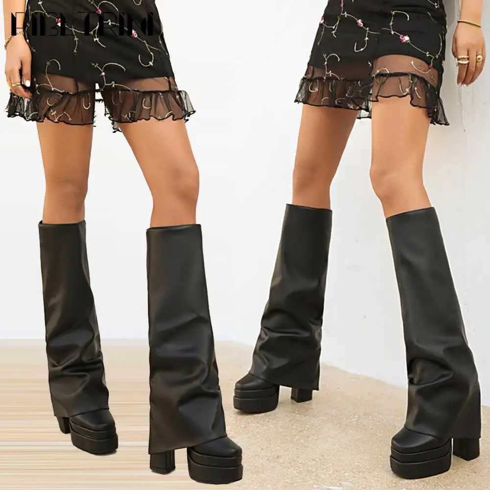 INS Brand Winter Women Fold Over Boots Chunky High Heeled Double Platform Shoe Knee High Luxury Punk Goth Sexy Street Boots Z250303