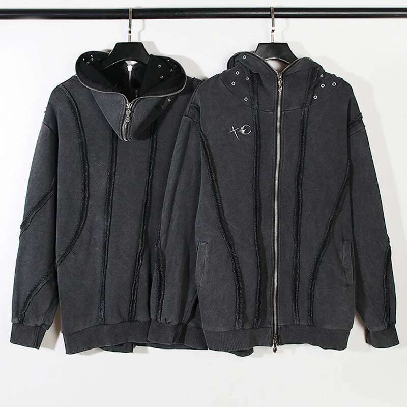 PFNW Washed Printed Zipper Design Sweatershirt Male Spliced Hooded Cardigan Short Clothing Men's Trendy Tops 2025 New 28W5071
