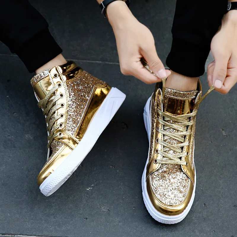 Luxury Men Ankle Boots Fashion High Top Sneakers Male Gold Glitter Shoes Streetwear Hip Hop Casual Boots Designer Rock Men Shoes Z250303