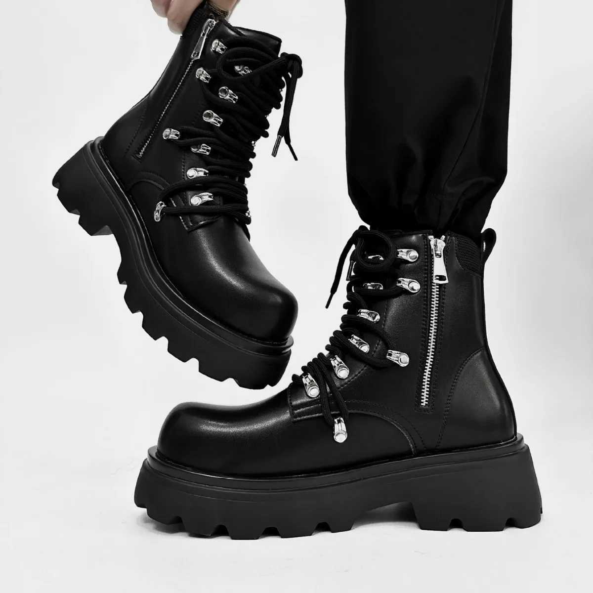 Mens Zipper Boots Luxury Brand Genuine Leather Casual Winter High Top Thick Bottom Men Italian Designer Punk Motorcycle Boots Z250303