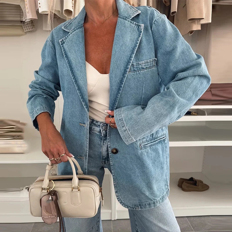 Ladies Fashion Single Breasted Loose Outerwear Spring Women Lapel Blazer Jacket Casual Long Sleeved Pocket Denim Coat 250228