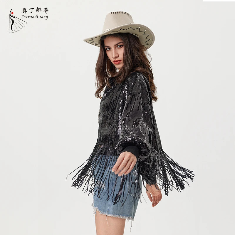 Womens sequined tassel jacket outerwear long sleeved sparkling frontal party bomber 250228