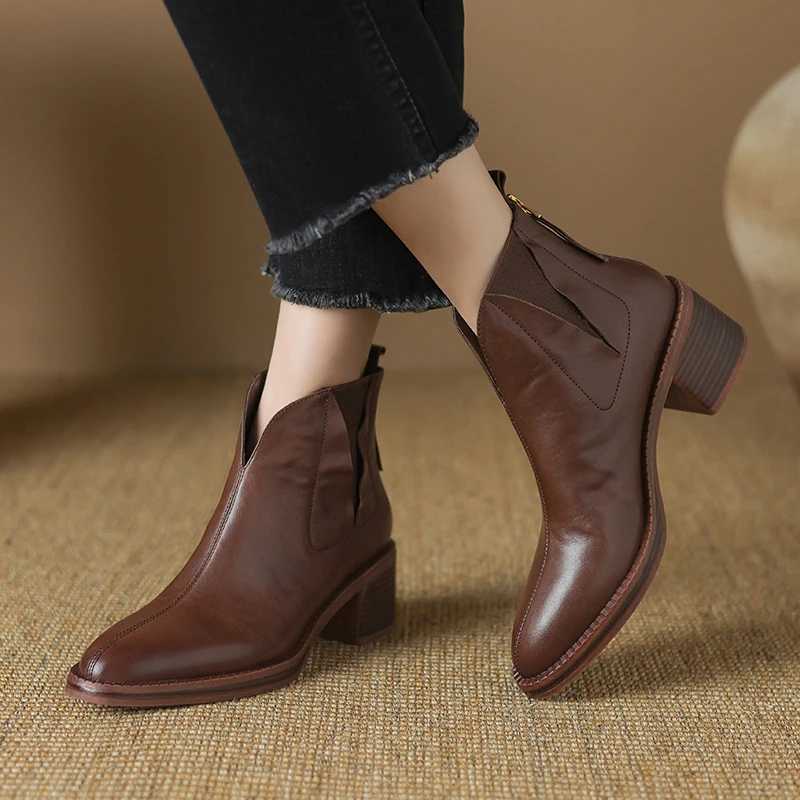2024 Autumn Women Boots Genuine Leather Shoes for Women Pointed Toe Chunky Heel Shoes Slip-on Ankle Boots Handmade Western Boots Z250303