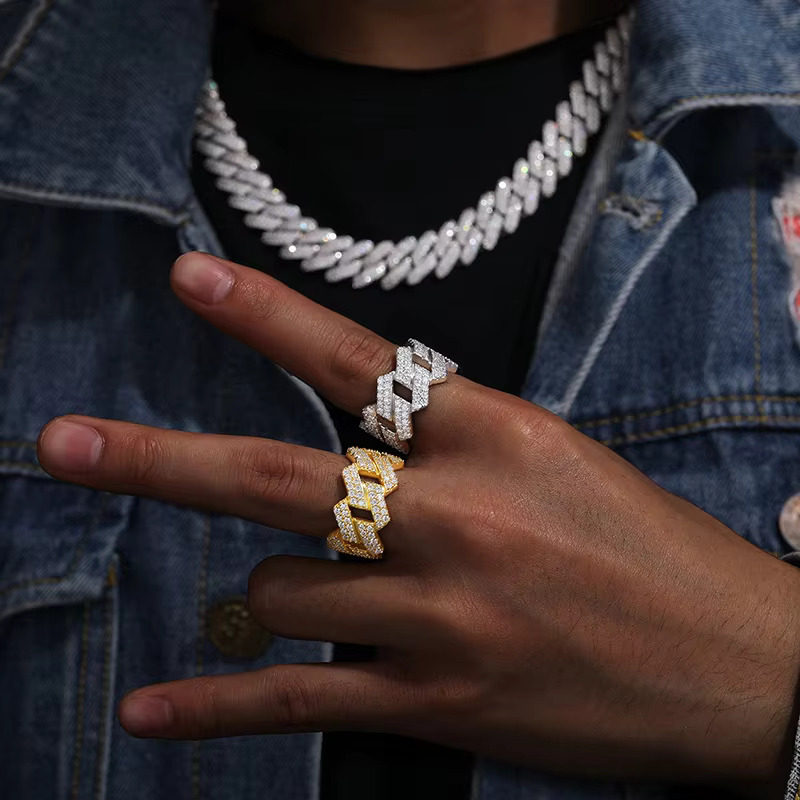 RTS Hip Hop Jewelry Sier Men's and Women's 2-Row VVS Cuban Ring with Sandstone