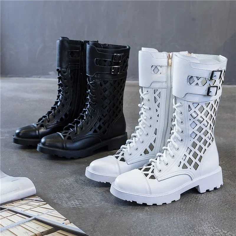 Comemore 2024 Spring Summer New Mid-heel Sandals Women Zip Up Large Size 42 Womens Shoes Hollow Luxury Black White Mesh Boots Z250303