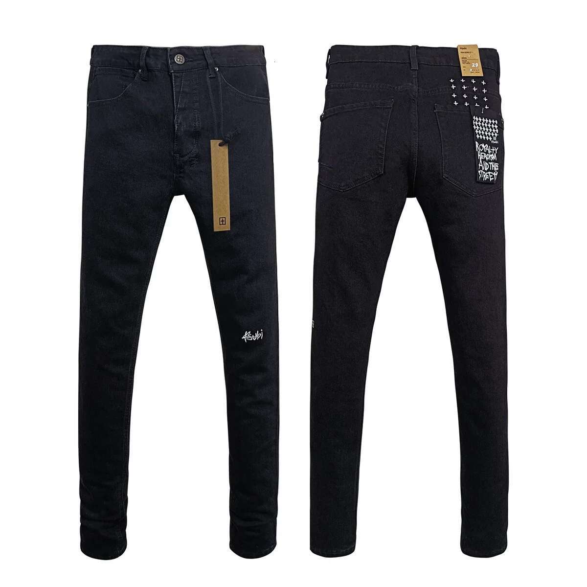 KSUBI Cross Men Fashion American High Street Black Casual Letter Embroidery Pants Stretch Skinny Ripped Frayed Jeans