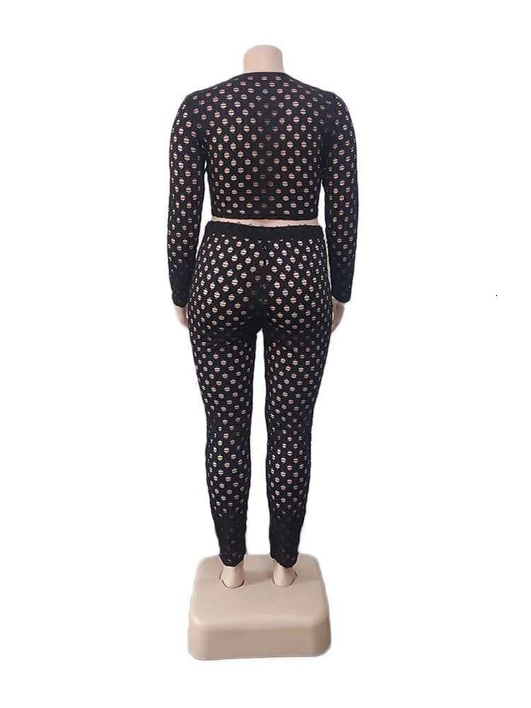 Plus Size Women 2 Piece Sets Spring Wear Round Neck Long Sleeve Crop Top And Pants Suit Hollow Out Black Mesh Sexy Outfits
