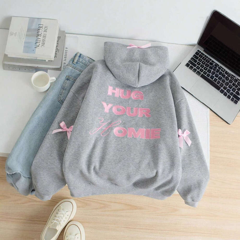 New autumn and winter letter embroidery trendy brand loose with bow decoration sweet hoodie batch