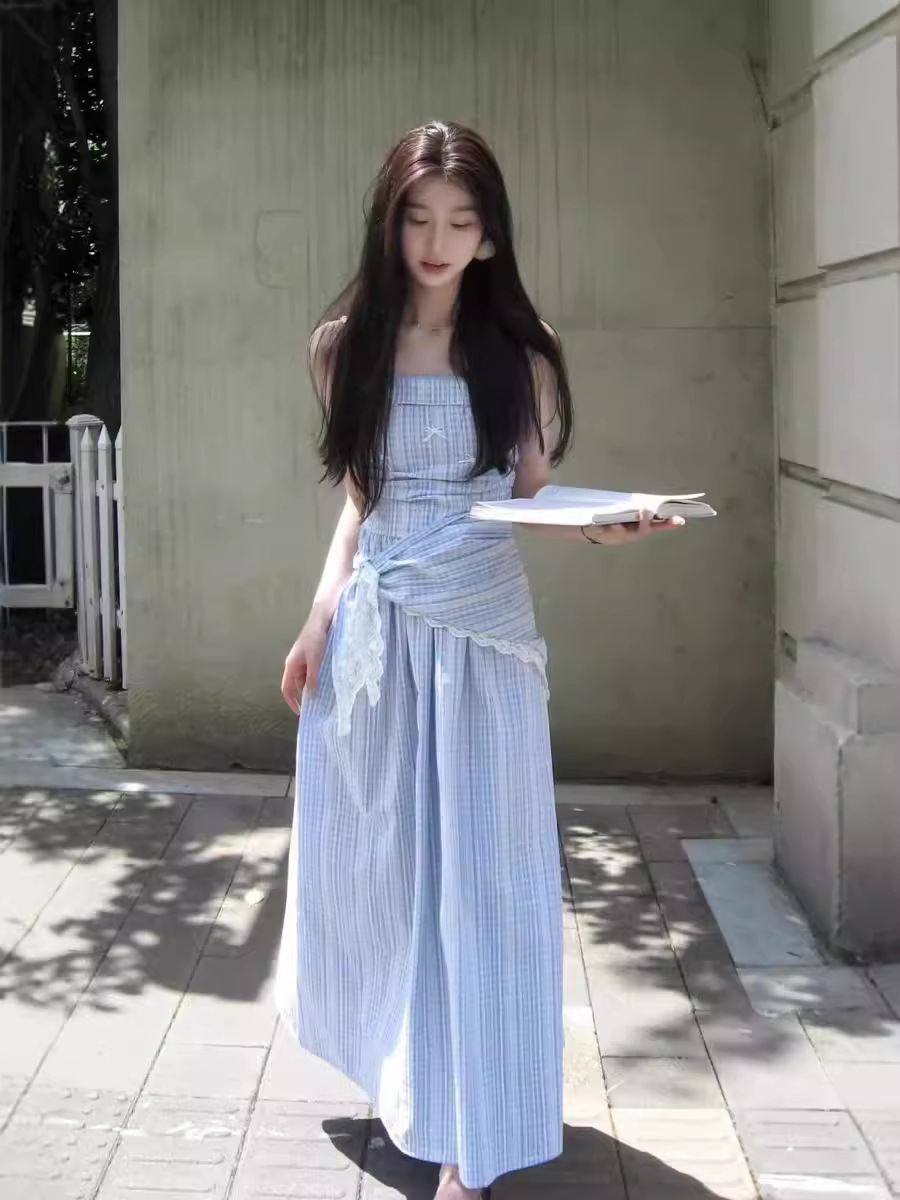 G233 Blue plaid tube top suspender dress female summer French high-end waist niche slim long skirt