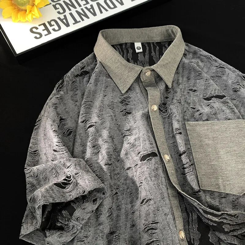 Mens Streetwear Hollow Hole Short-sleeved T-shirt Hip Hop Single-breasted Short-sleeved Shirt Summer Trendy Couple Fashion Tops 250224