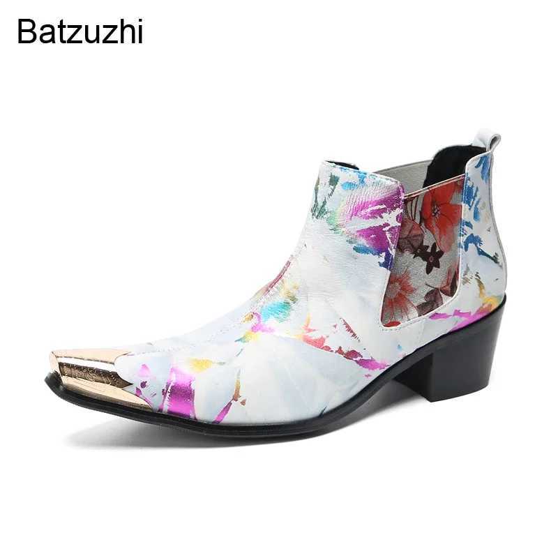 Batzuzhi 6.5cm Heels Luxury Mens Boots Gold Metal Tip White Leather Ankle Boots for Men Slip on Party/Wedding Boots Male! Z250303