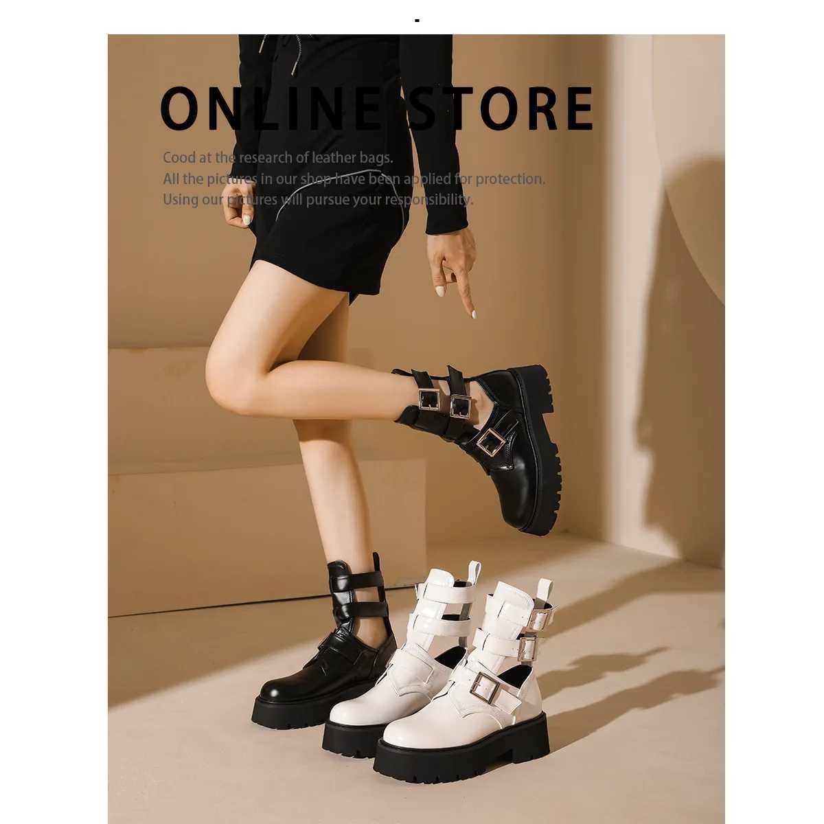 Womens Boots Summer Leather Hollow Med Heel Platform Shoes Modern Solid Black White Punk Gothic Sandals Luxury Designers Spring Z250303