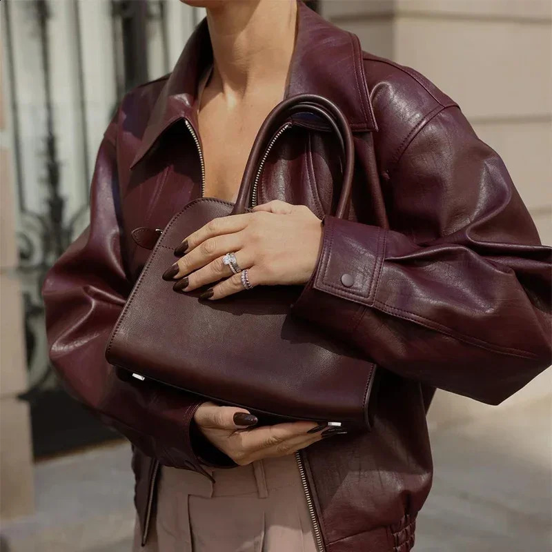 Trendix Loose PU Jacket Coats For Women Autumn Winter Long Sleeve Lapel Wine Red Vintage Fashion Commuting Bomber Jackets 250228