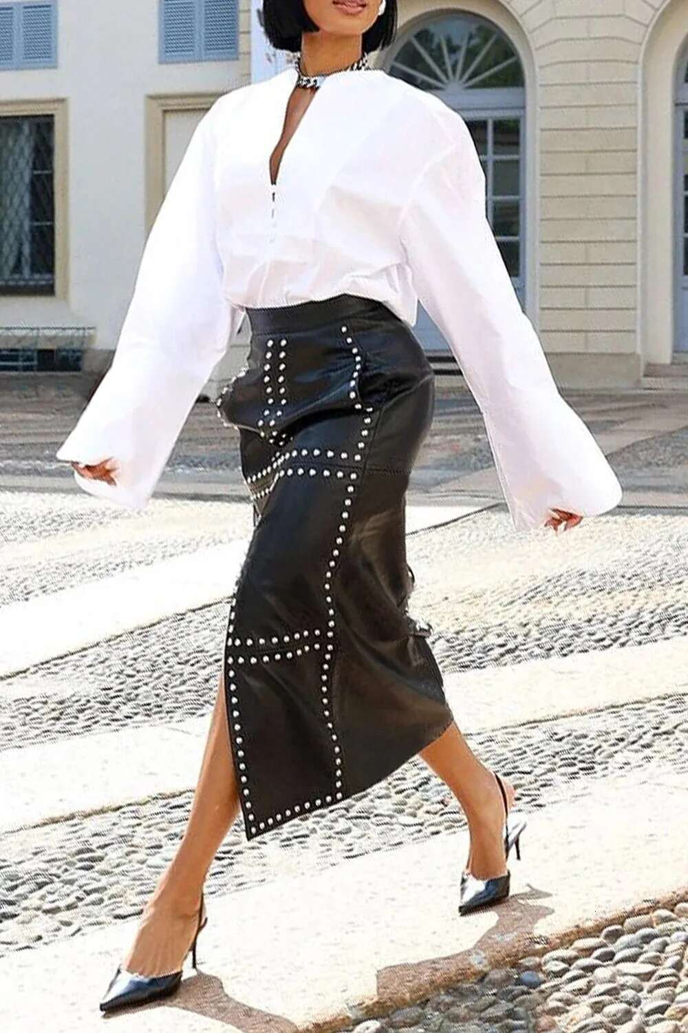 Plus Size Business Casual Black Studded Split PU Leather Skirts