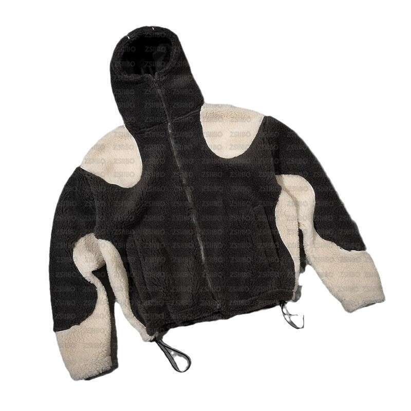 Autumn and winter splicing hooded zipper trend fashion fleece plush couple jacket