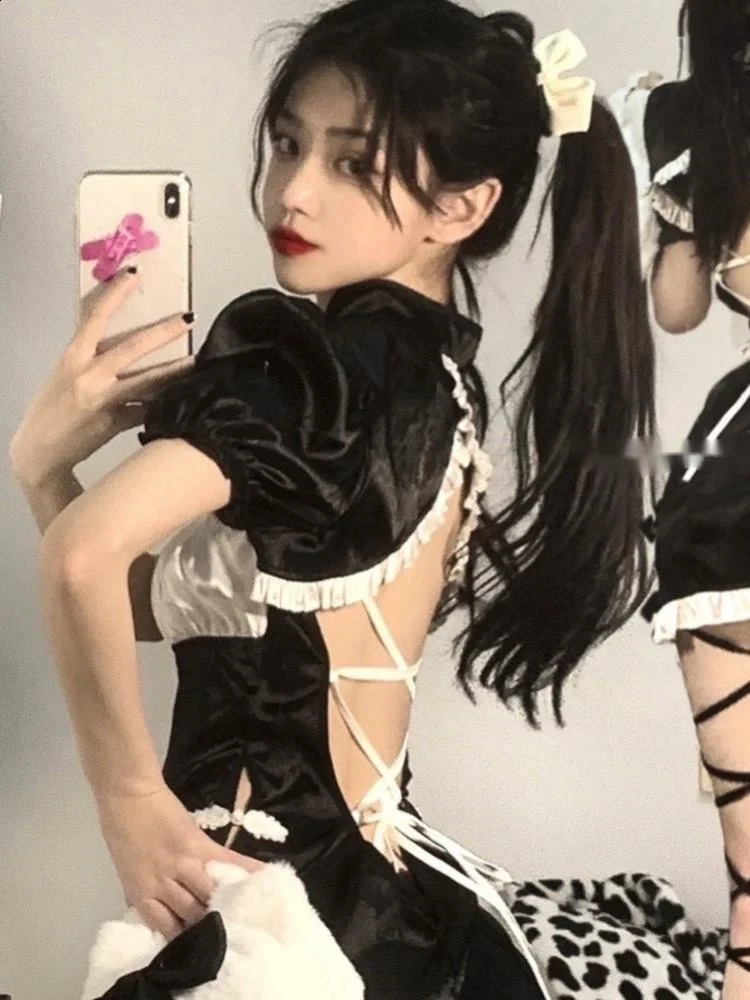 WOMENGAGA sweet Chinese cheongsam style backless Slash neck retro mini dress lace ruffles maid Lolita sexy korean top A8BG 250227