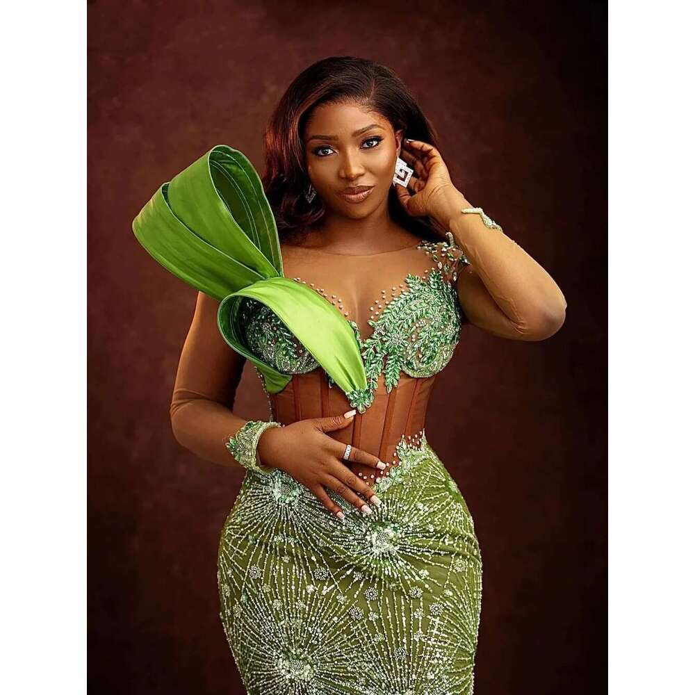 Sexy Mermaid Evening Dress Beaded Crystal O Neck 3D Prom Gowns Beading Long Sleeve Sweep Train Formal Dresses Customized