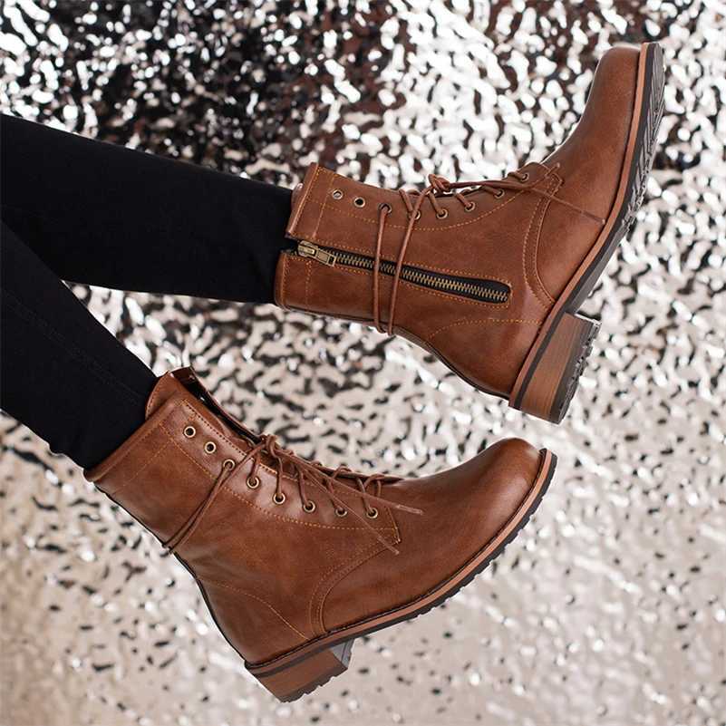 FOREADA Womens Short Ankle Boots Round Toes Flat Lace Zipper Combat Boots Womens Fashion Shoes Winter Black Beige Brown 46 Z250303