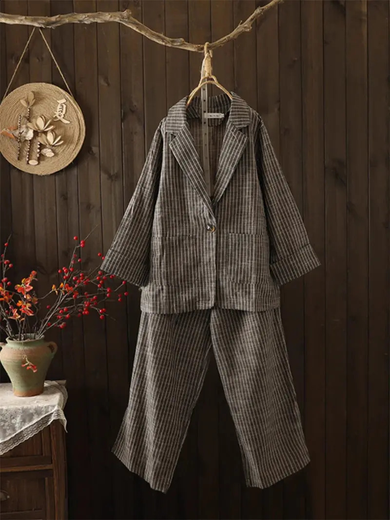 Autumn Large Size Striped Cotton Linen Pants Suit Womens Blazer Casual Fashion High Waist Wide Leg Two Piece Set z2877 250225