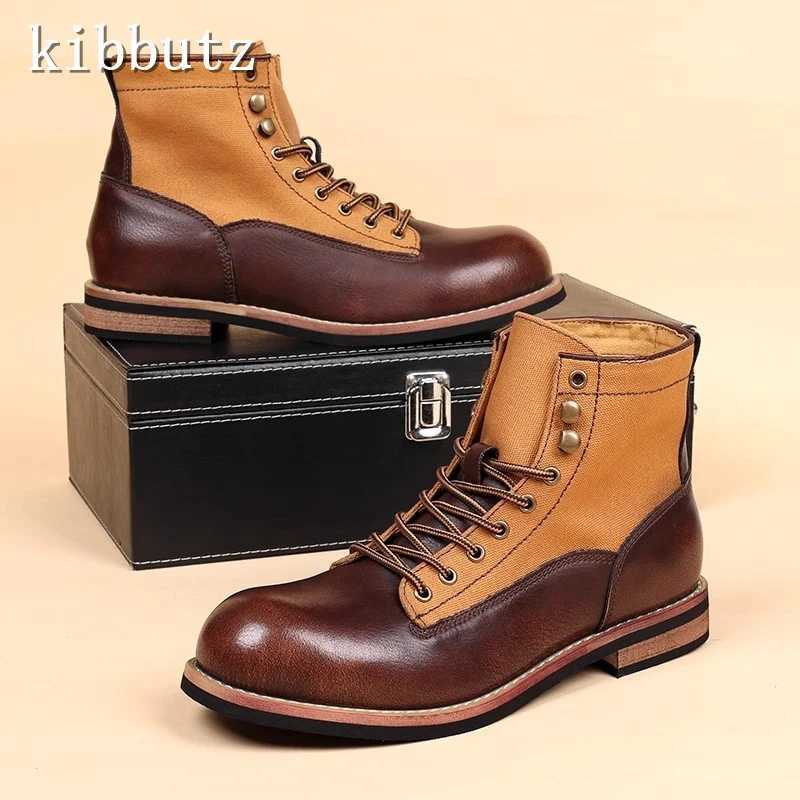 Autumn New British Men Hort Boots Leather Fabric Splicing Lace Up Back Zipper Ankle Boots Vintage Tooling Motorcycle Boots Z250303
