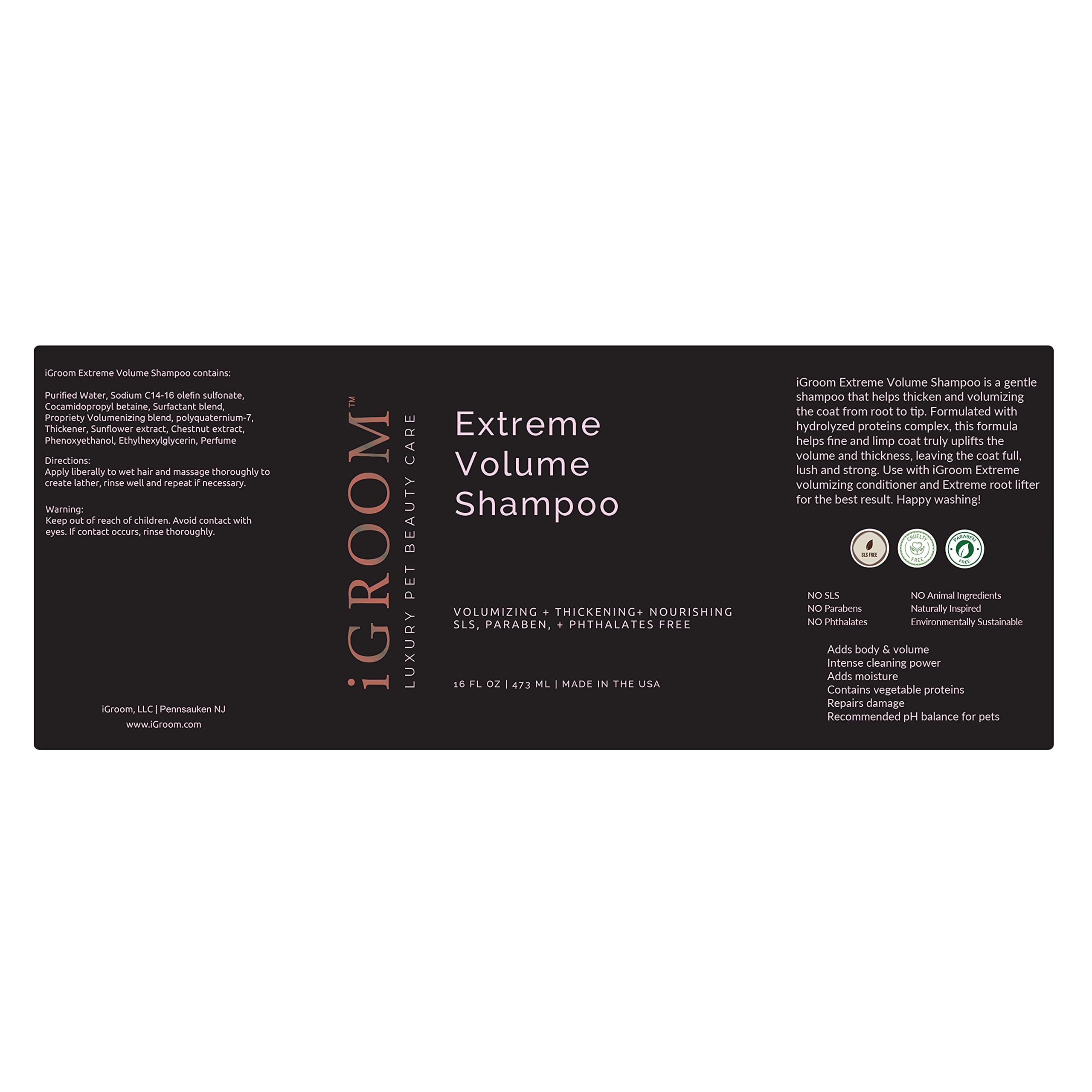 iGroom Extreme Volume Dog Shampoo, Luxury Pet Beauty Care, Adds Body and Volume, Repairs Damage, Made in USA, 16 oz