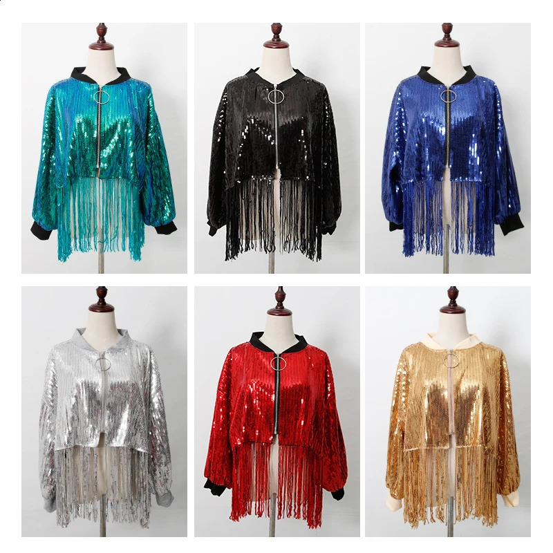 Womens sequined tassel jacket outerwear long sleeved sparkling frontal party bomber 250228