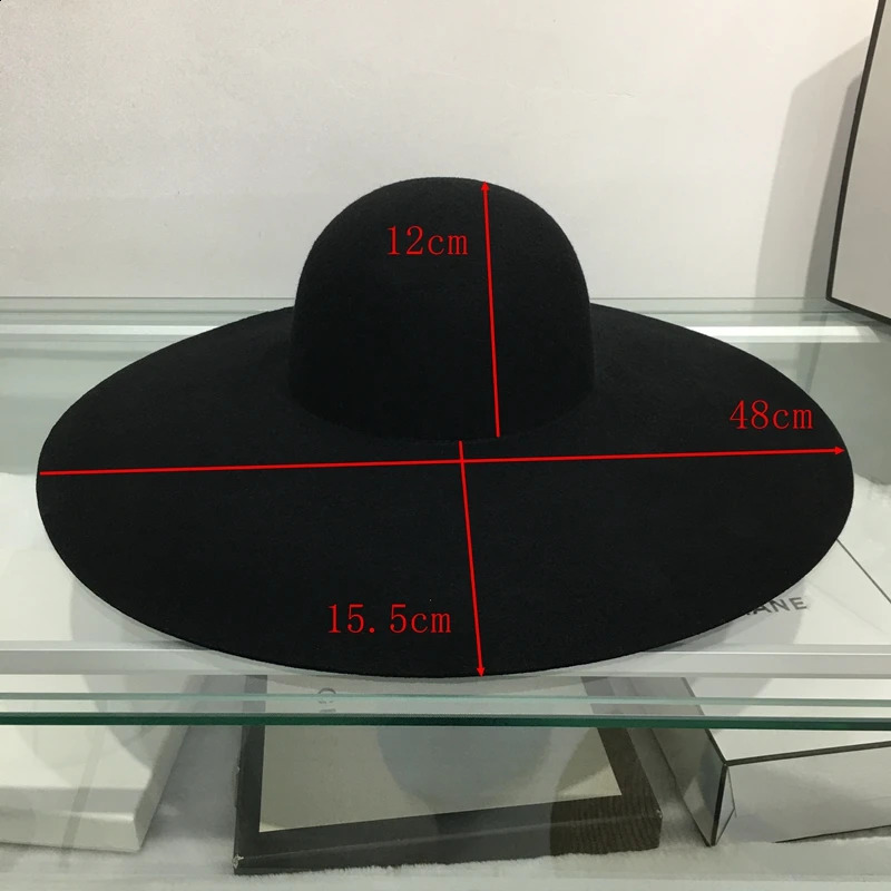 Retro Style Big Warm Wide Brim Wool Fedora Hat Black Felt Hat Bow Flat Floppy Winter Hat for Women Party Church Wedding Hat 250228