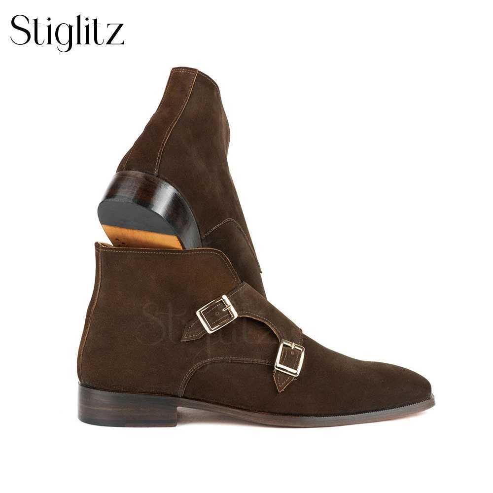 Double Monk Strap Ankle Boots Brown Suede British Style Booties Handmade Ankle Boots Customized Luxury High Quality Mens Shoes Z250303