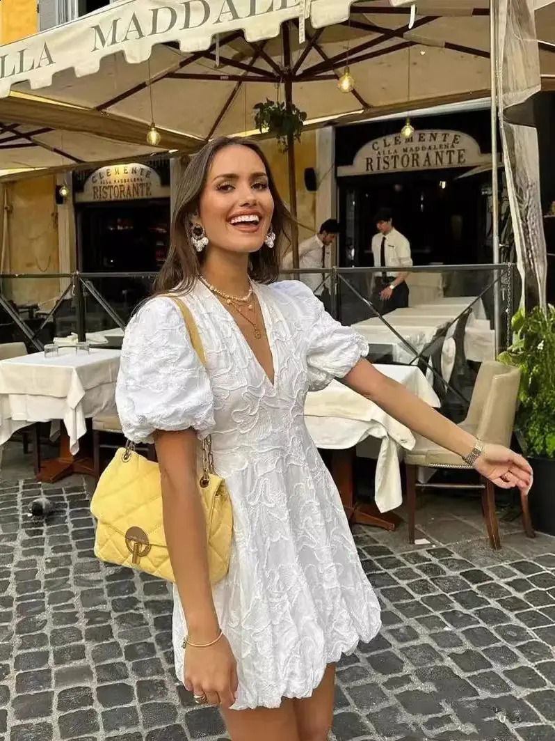 Ladies Solid Embroidered Short Style Elegant Summer Dresse White Casual Streetwear Mini Dress Female Dresses 250227Z