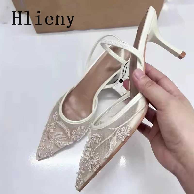 Hlieny Woman Designer Embroidery Flowers Mesh Pointed Toe White High Heels Mules Sandals Women Pumps Shoes Sexy Stilettos Woman Y250303