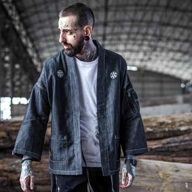 #4201 Japanese Kimono Jacket Streetwear Fashion Cardigan Denim Windbreaker Jackets Men Haruku With Embroidery Plus Size 250228