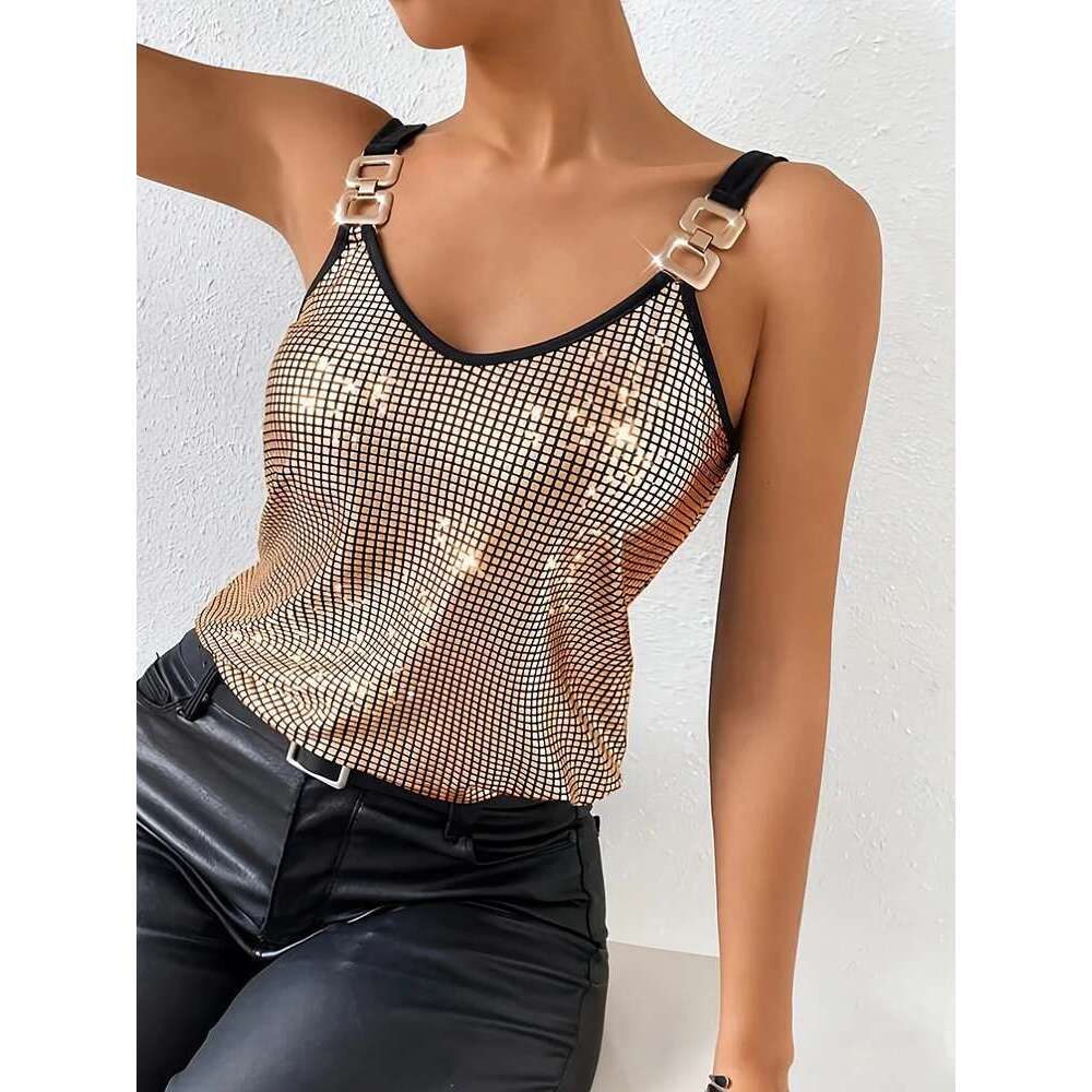 Nightclub Sleeveless Sequined Top,Tanks & Sexy Tank Top,White Tops Clothes Y2k For Women &