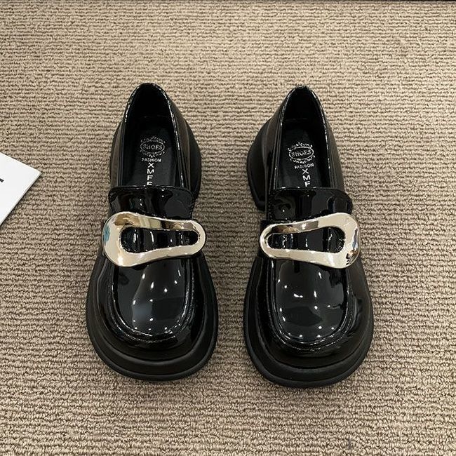 Thick Soled Round Toe Small Leather For Women, 2024 Autumn New Style French Sweet And Cool Mary Jane Shoes, Black Metal Le Fu Shoes
