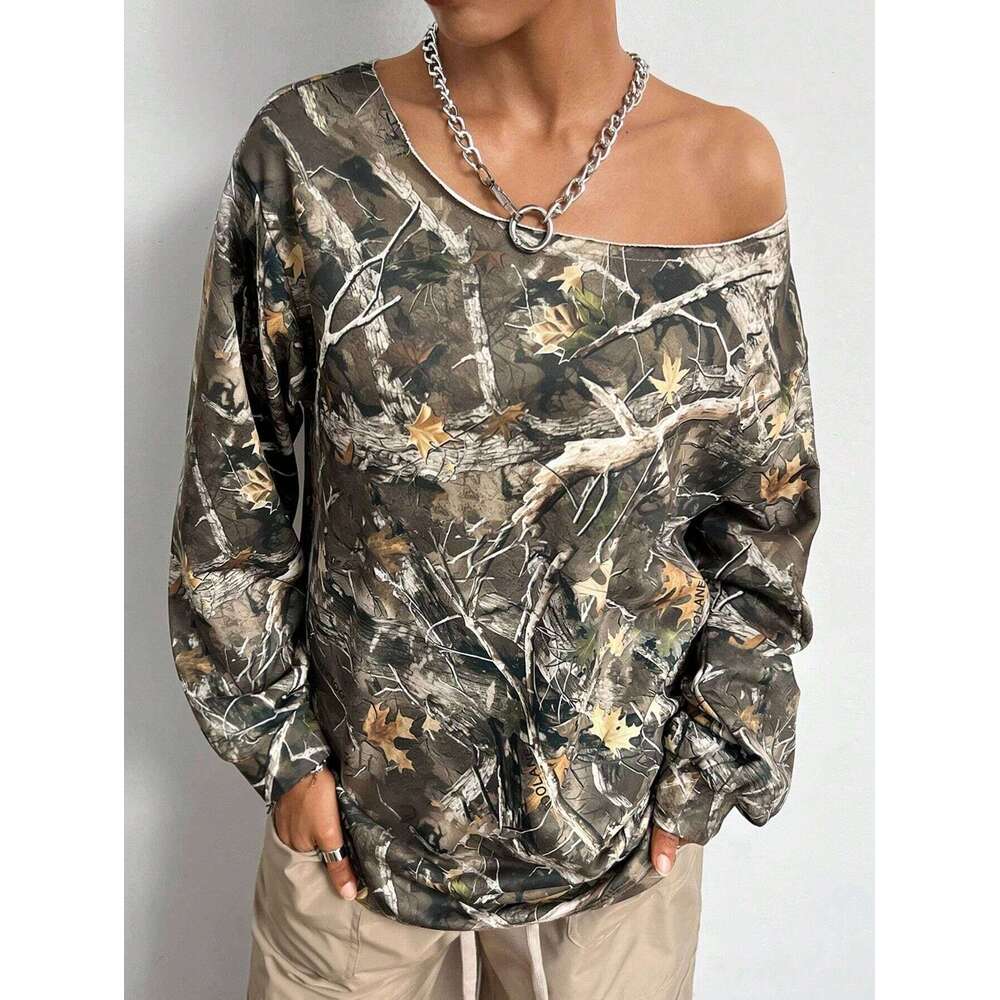 Autumn camouflage sloping collar loose long sleeved maple leaf print trendy fashion versatile top women's clothing