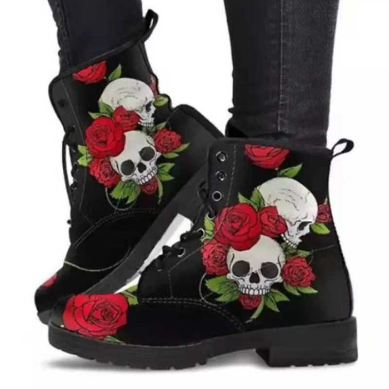 Womens Autumn Short Boots British Style Tooling Boots Skull Print Flower High-top Ladies Ankle Boots Vintage Boots Femme Winter Z250303