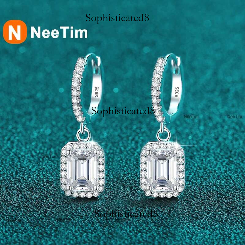 NeeTim 1ct 2ct Moissanite Earrings for Women Sier with Gold Plated Lab Dia Radiant Emerald Cut Sparkg Drop Earring