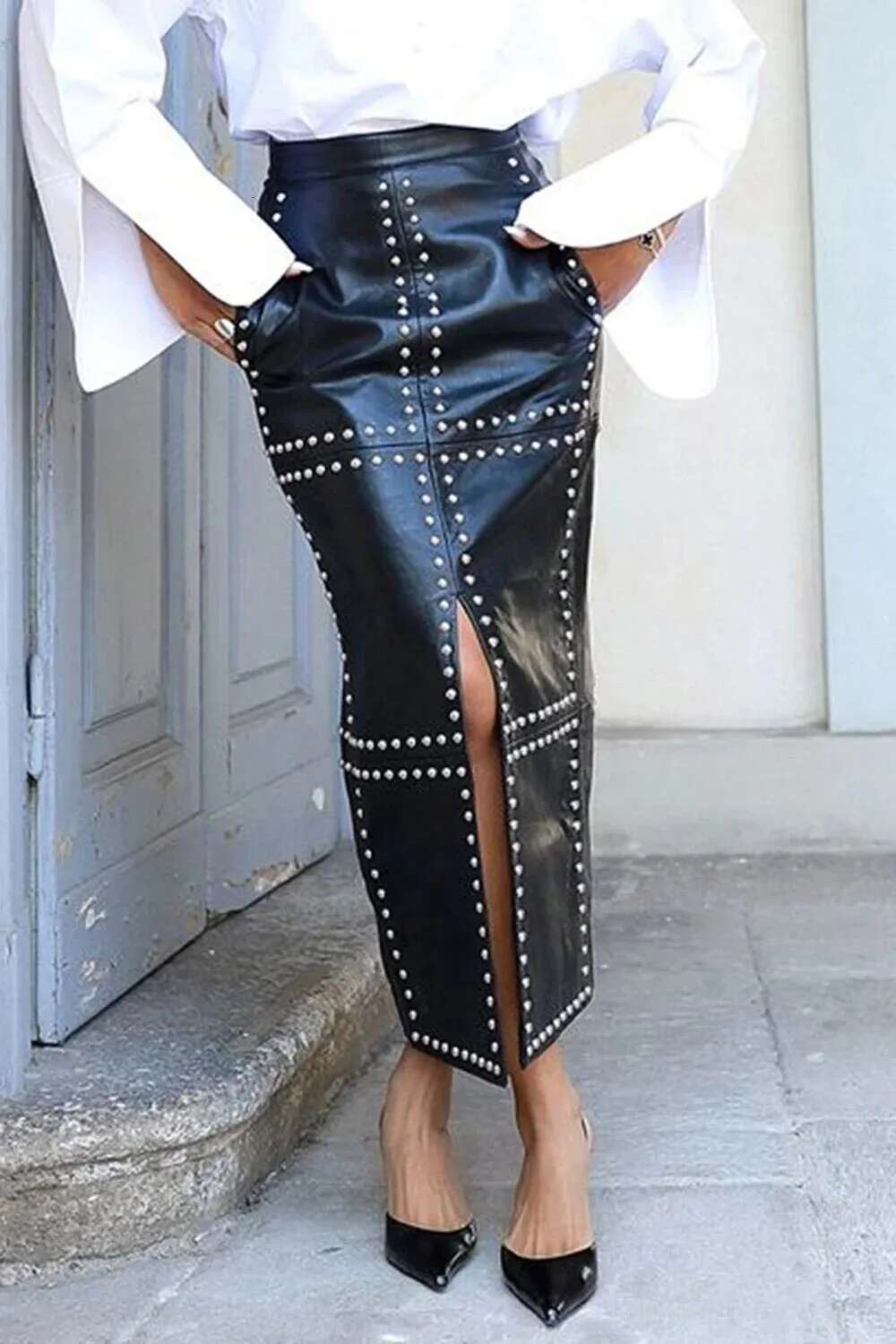 Plus Size Business Casual Black Studded Split PU Leather Skirts