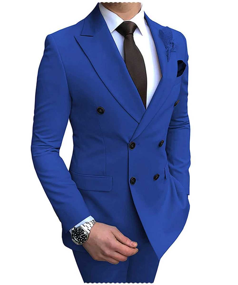 New Beige Mens Suit 2 Pieces Double Breasted Notch Lapel Flat Slim Fit Casual Tuxedos For Wedding(Blazer+Pants) M250303