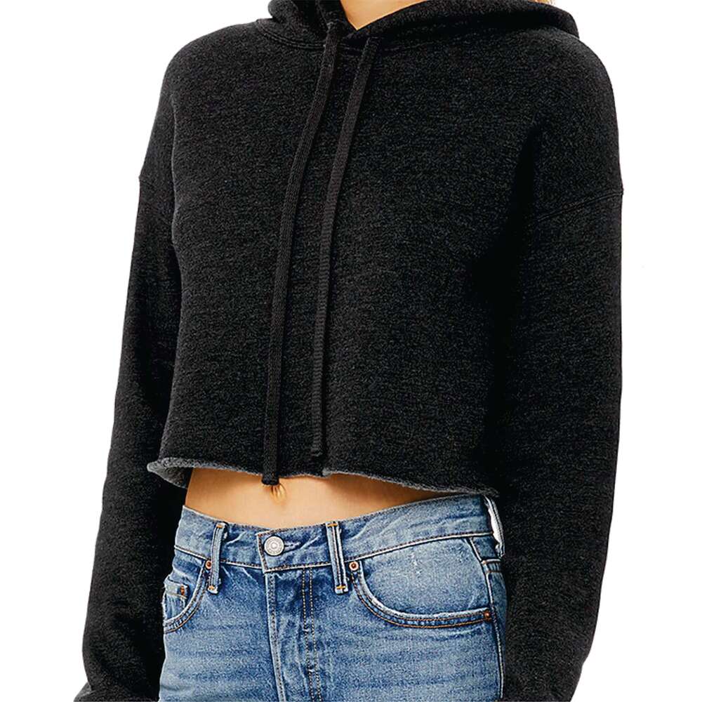Dark Grey Women's Cropped Fleece Hoodie 52% Airlume Combed Ring Spun Cotton 48% Poly Raw Hem Dropped Shoulder Womens Sweatshirt