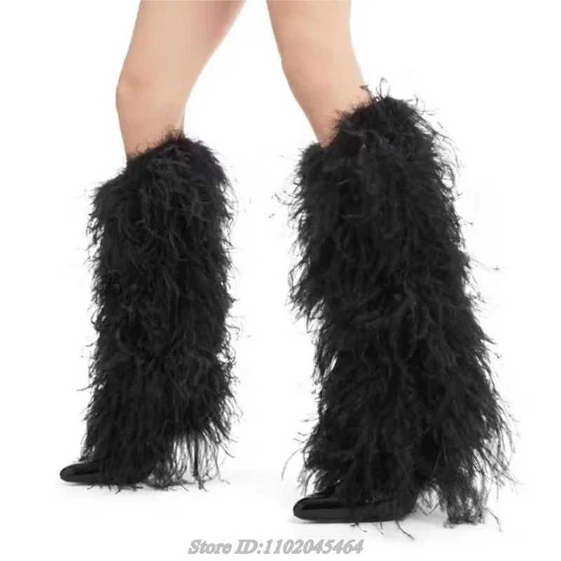 Fur Pointed Toe Pink/Blue Knee High Boots Womens Sexy Feather Colored Leather High Boots Luxury Designer Party Shoes Z250303