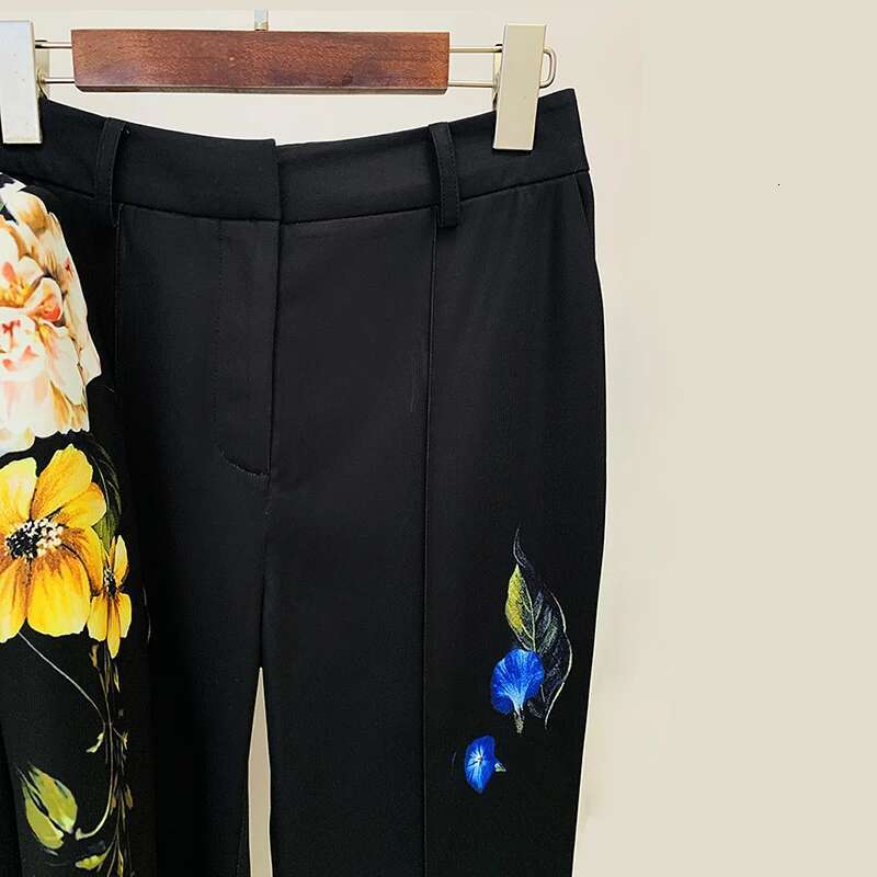 Elegant Temperament Ladies' Suit Autumn Wer Printed Single Button Blazer Coat High Waist Long Flare Pants Two Pieces Sets