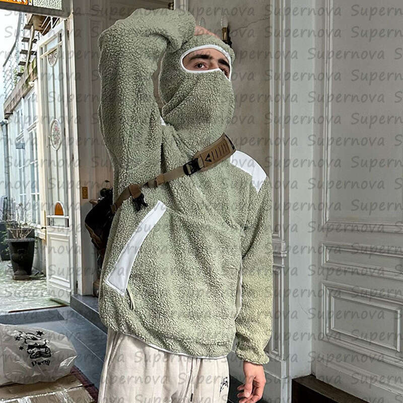 Trendy American Street Lamb Men's Thick Fleece Jacket Warm Hoodie Splicing Coat