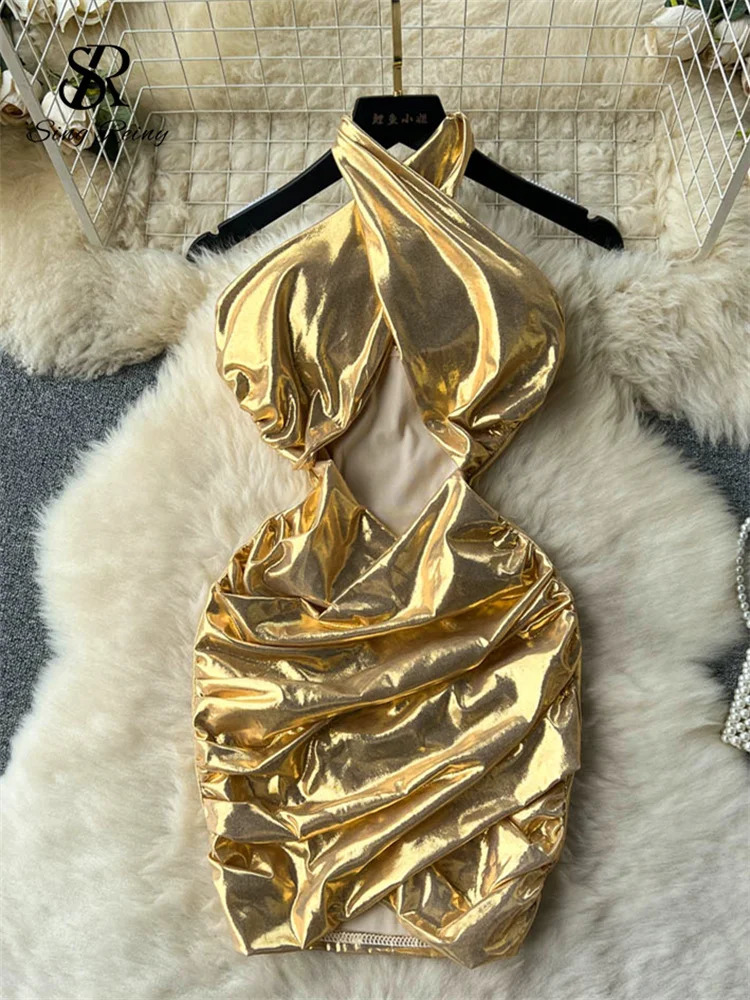 Singreiny French style hollow shiny short skirt fashionable camisole pleated backless sexy dress summer beach mini sun 250227Z