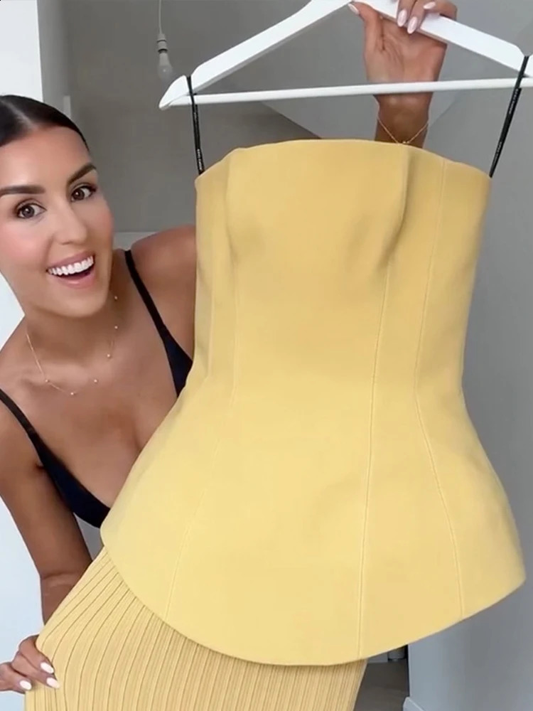 Elegant Strapless Tube Top Skirts Suit Women Sleeveless Backless Tank Slim Long Pleated Skirt 2025 Spring Summer Lady Outfit 250228