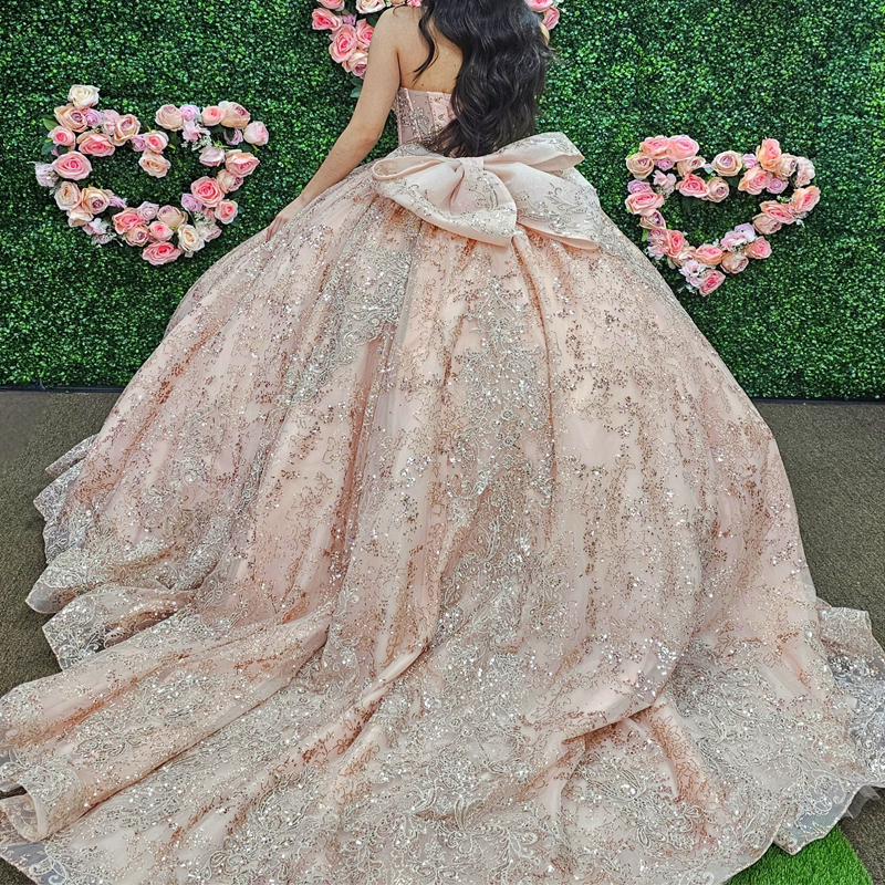Pink Shiny Quinceanera Dresses Ball Gown Off Shoulder Applique Lace Beading Bow Tull Corset Sweet 16 Dress Vestidos 15 De Anos