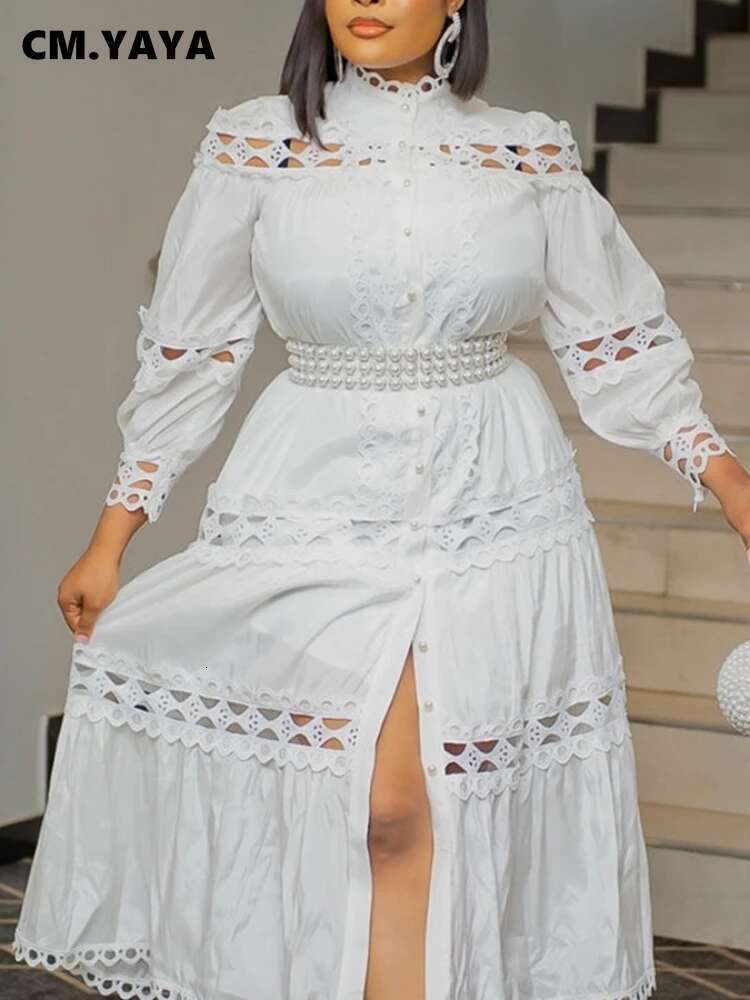 Cm.Yaya Women Lace Patchwork With Sashes Full Sleeve Maxi Long Dress Button Street Shirt Straight Spring Vintage Party Dresses