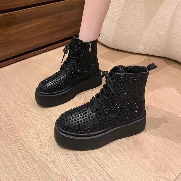 Rock Shoes Womens Zipper Flat Shoes Boots Womens Crystal Round Toes Luxury Designer Mid calf 2024 Rhinestone High Heels Lolita Z250303